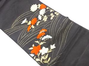  紗 抽象波に菊・桔梗模様織出し名古屋帯